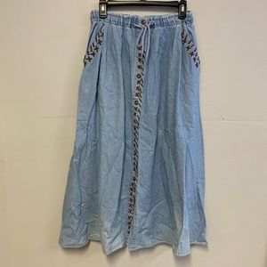 Cambridge Country Store Denim Maxi Skirt Button Down Size 6 Leather Ribbon
